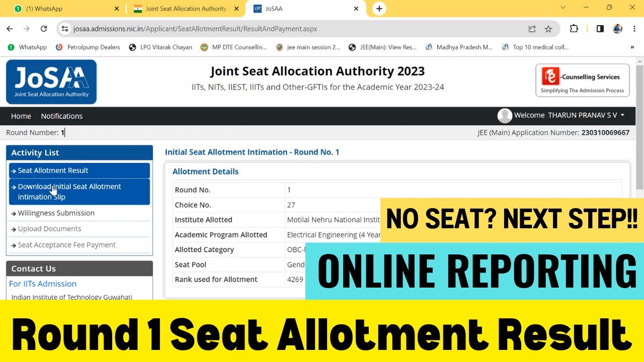 josaa counselling 2023 round 1 seat allotment result live 🔥 | josaa counselling procedure 2023 ✅