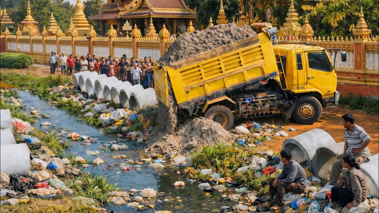 Complete100% In Flooded Village Quickly Working by Mini Dozer Pushing & Dump Truck Overloading Soils
