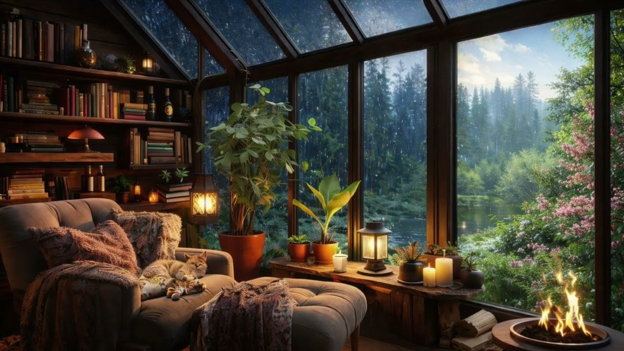 Cozy Winter to Spring Transition 🌸 Rainy Forest Piano Ambience 4K