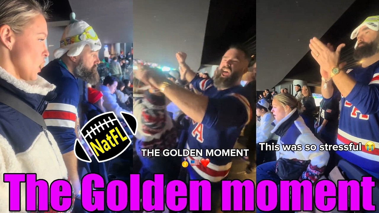 A touching moment as Kylie and Jason Kelce celebrate the US women's hockey team gold medal.