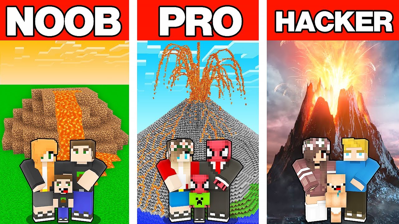 NOOB VS PRO VS HACKER VOLKANİK DAĞ AİLE EVİ YAPI KAPIŞMASI - Minecraft