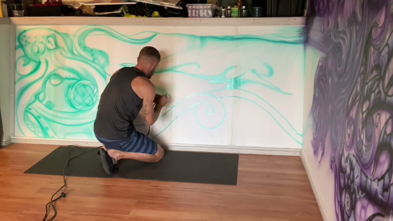 Step 10 epic freehand airbrush mural adding an underwater scene. Huge mural in the making.