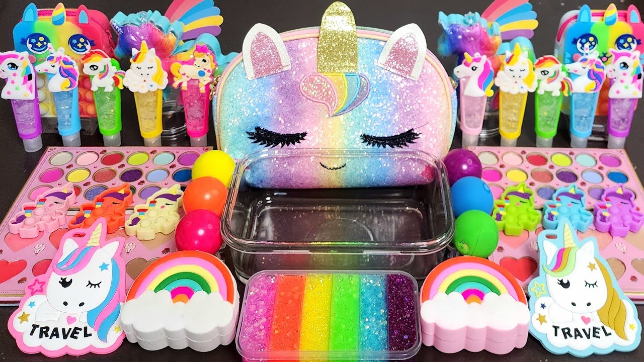 ASMR  RAINBOW UNICORN Slime Mixing Makeup,Parts, Glitter Into Slime!#ASMR#satisfying#slime
