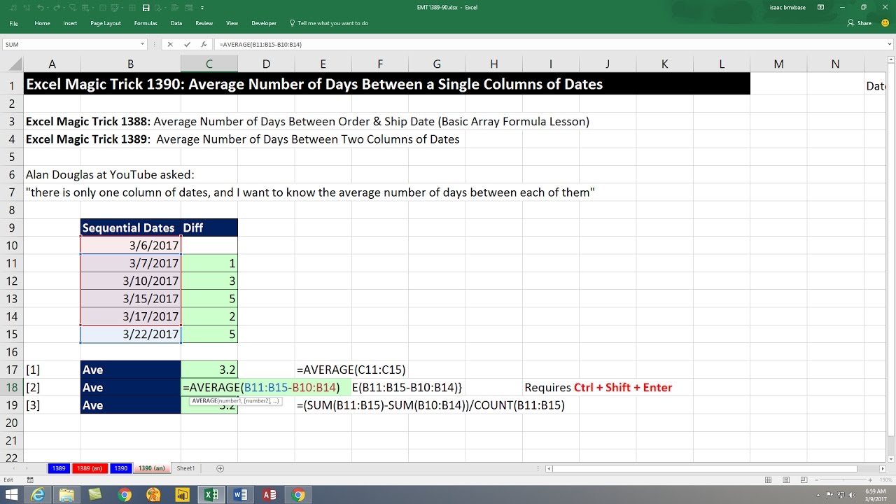 Excel Magic Trick 1390: Average Number of Days Between Dates in a Single Column 3 Examples