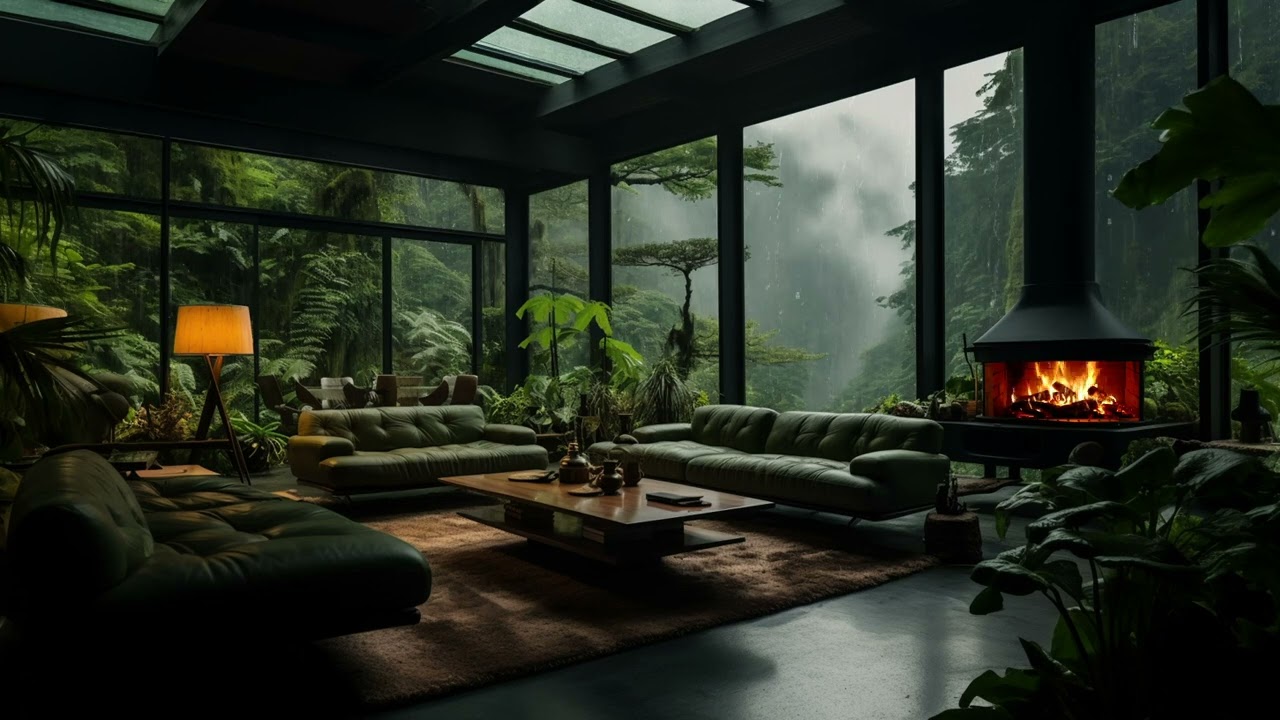 Cozy Luxury Living Room In Forest with Fireplace and Rain Sound | Healing Insomnia, Reduce Stress
