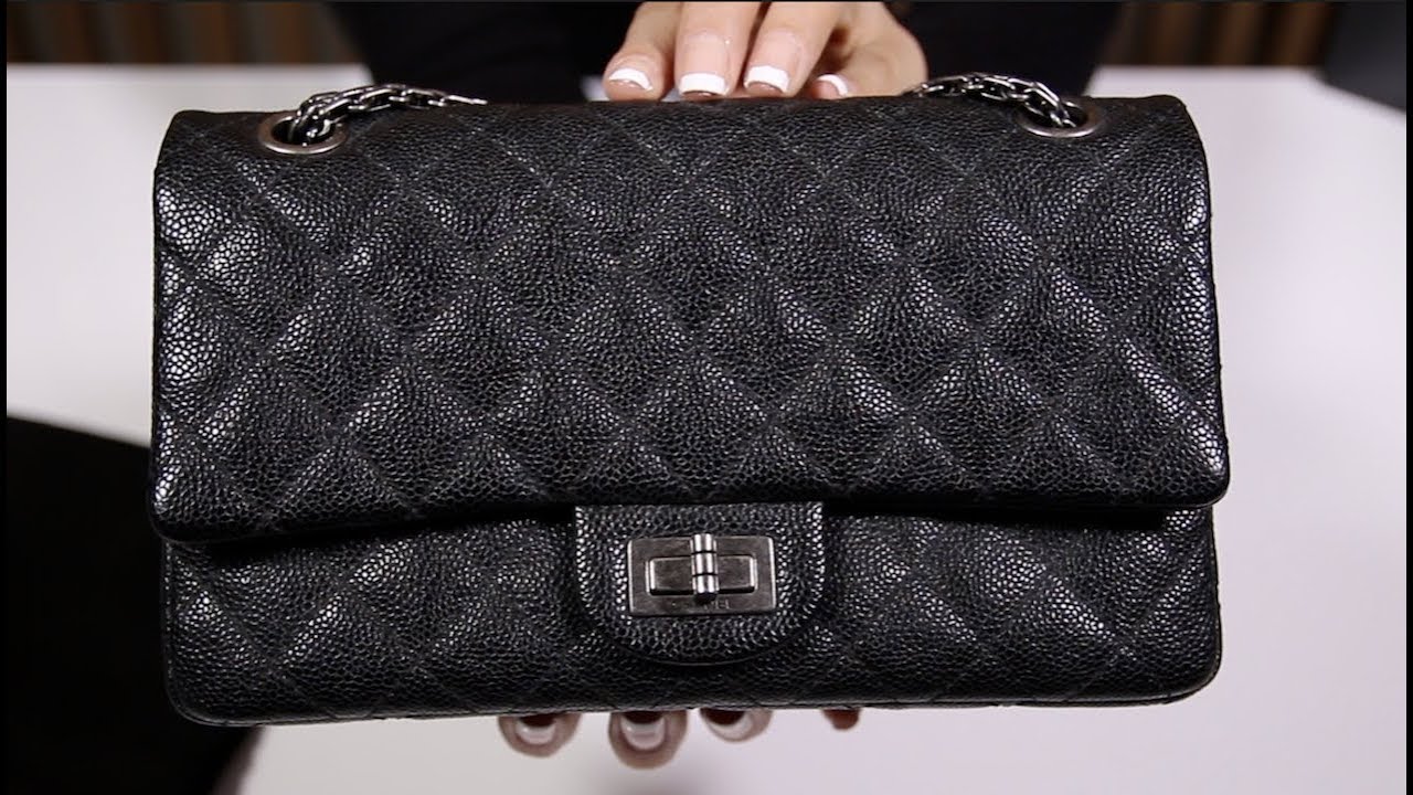 CHANEL 2.55 HANDBAG - REISSUE IN BLACK CAVIAR LEATHER AND RUTHINEUM HARDWARE (SIZE 225)