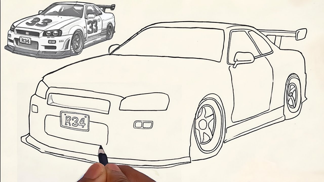Nissan Skyline GT-R (R34) Car Drawing - Easy