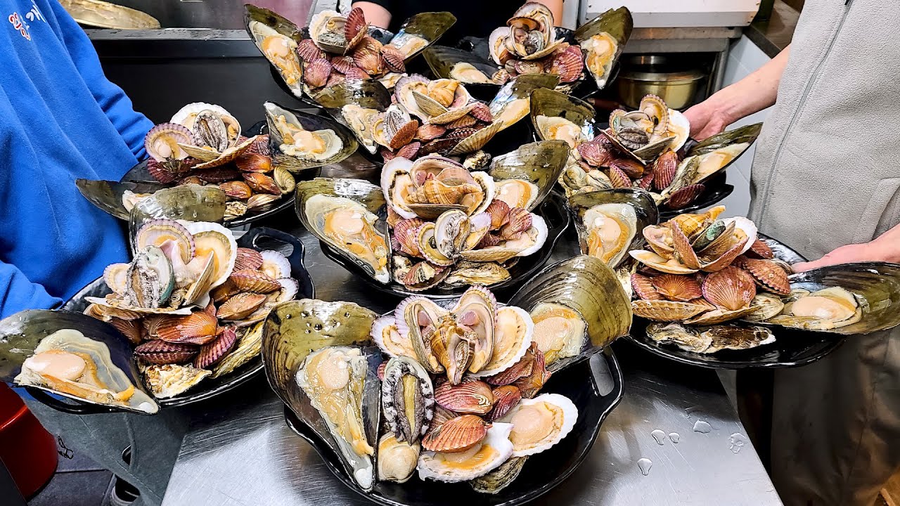 Потрясающие морепродукты в Корее, Моллюски на пару оптом, Моллюски на гриле, Рамэн из морепродуктов