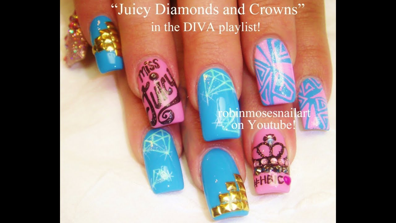 Pink and Teal Diva Nail Art | Diamonds & Crowns Bling Nails Design