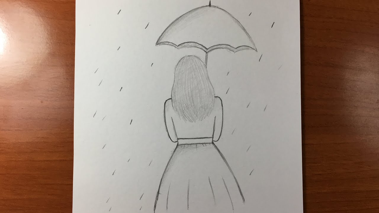 رسم سهل جدً | تعليم رسم فتاة مع مظلة تحت المطر 