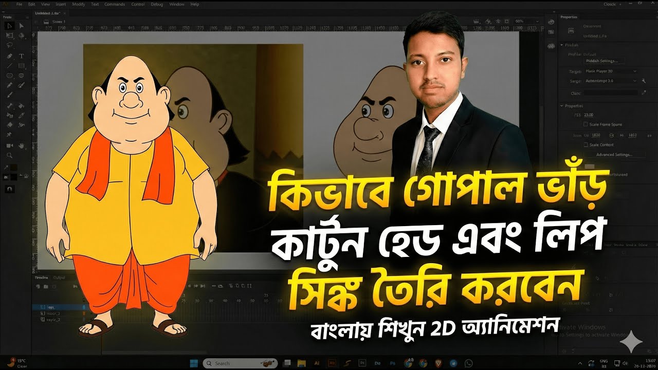 How to Create Gopal Bhar Cartoon Head & Lip Sync in Adobe Animate CC | Class 12 Tutorial