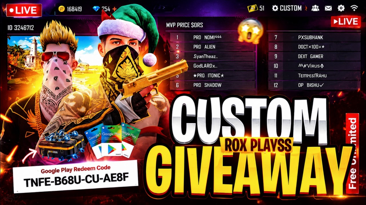 FREE FIRE LIVE CUSTOM ROOM GIVEAWAY | FF LIVE TEAM CODE GIVEAWAY | FF LIVE GIVEAWAY DJ ALOK |FF LIVE