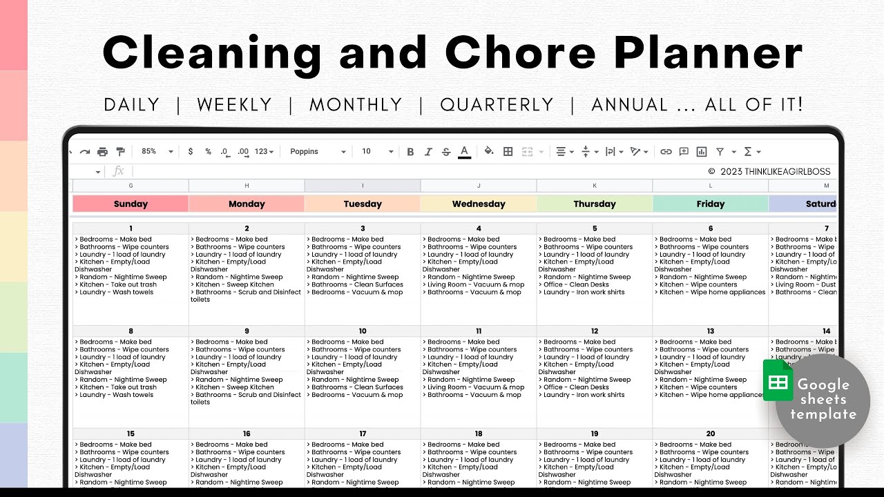 Cleaning Schedule, Weekly & Daily Routine, Cleaning Checklist, Chore Planner, Google Sheets Template