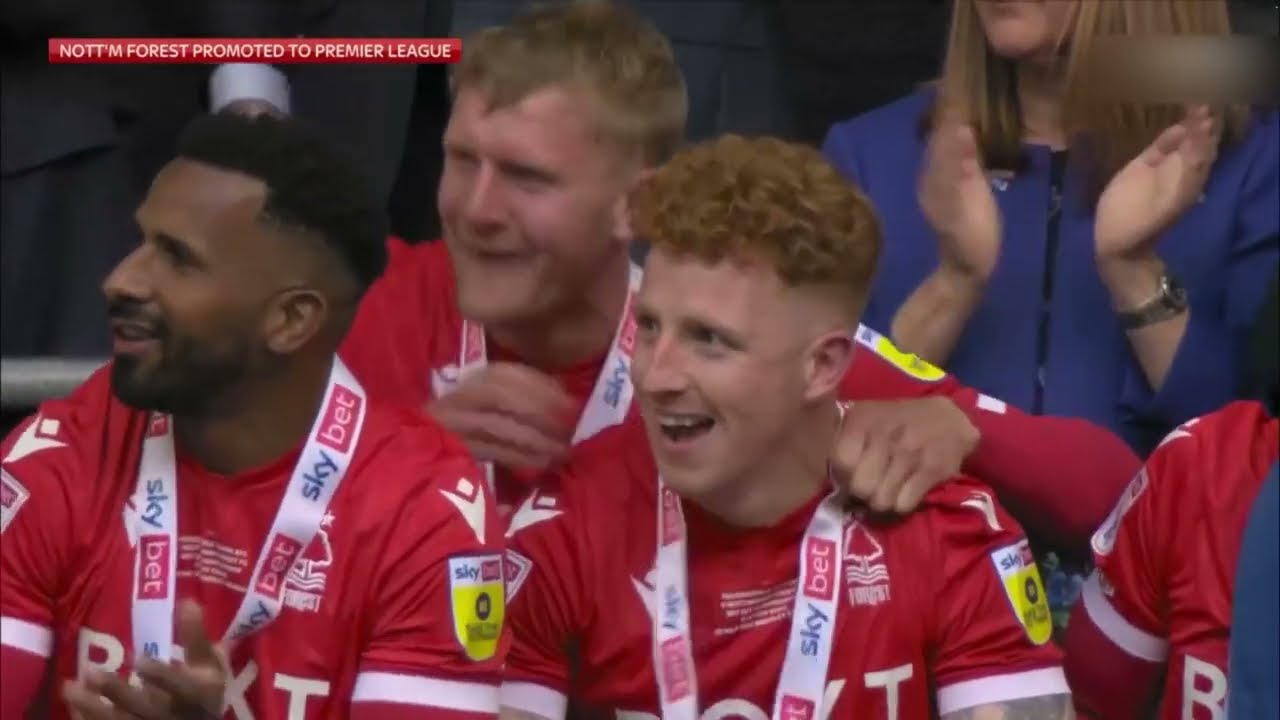 Nottingham Forest Promoted to the Premier League. Final Whistle Celebrations + Trophy Lift