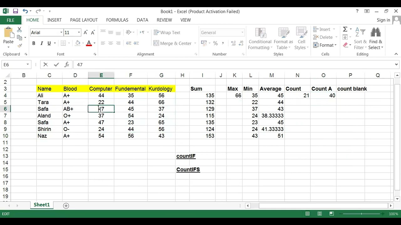 EXCEL ,Function(Sum, max, min, average, count,countA, countBlank, countif and countIFS) مایکرۆ ئێکسڵ