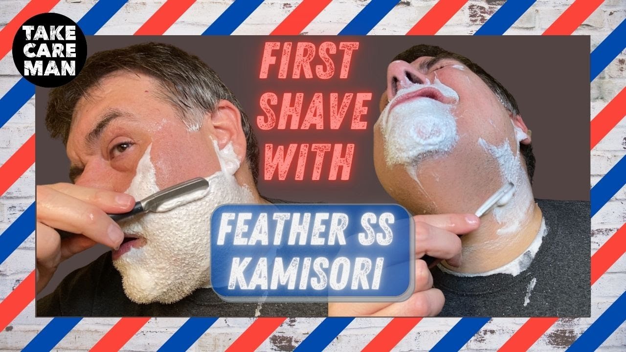 First Shave with Feather SS Kamisori with Schick Proline P-30 blade, Stirling Glacial Obsidian soap