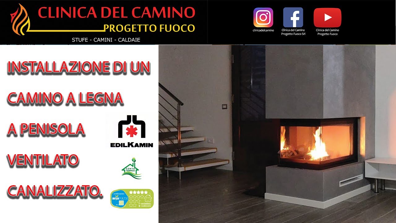 REALIZZAZIONE CAMINO LEGNA MODERNO A PENISOLA TRIFACCIALE EDILKAMIN VENTILATO CANALIZZATO.