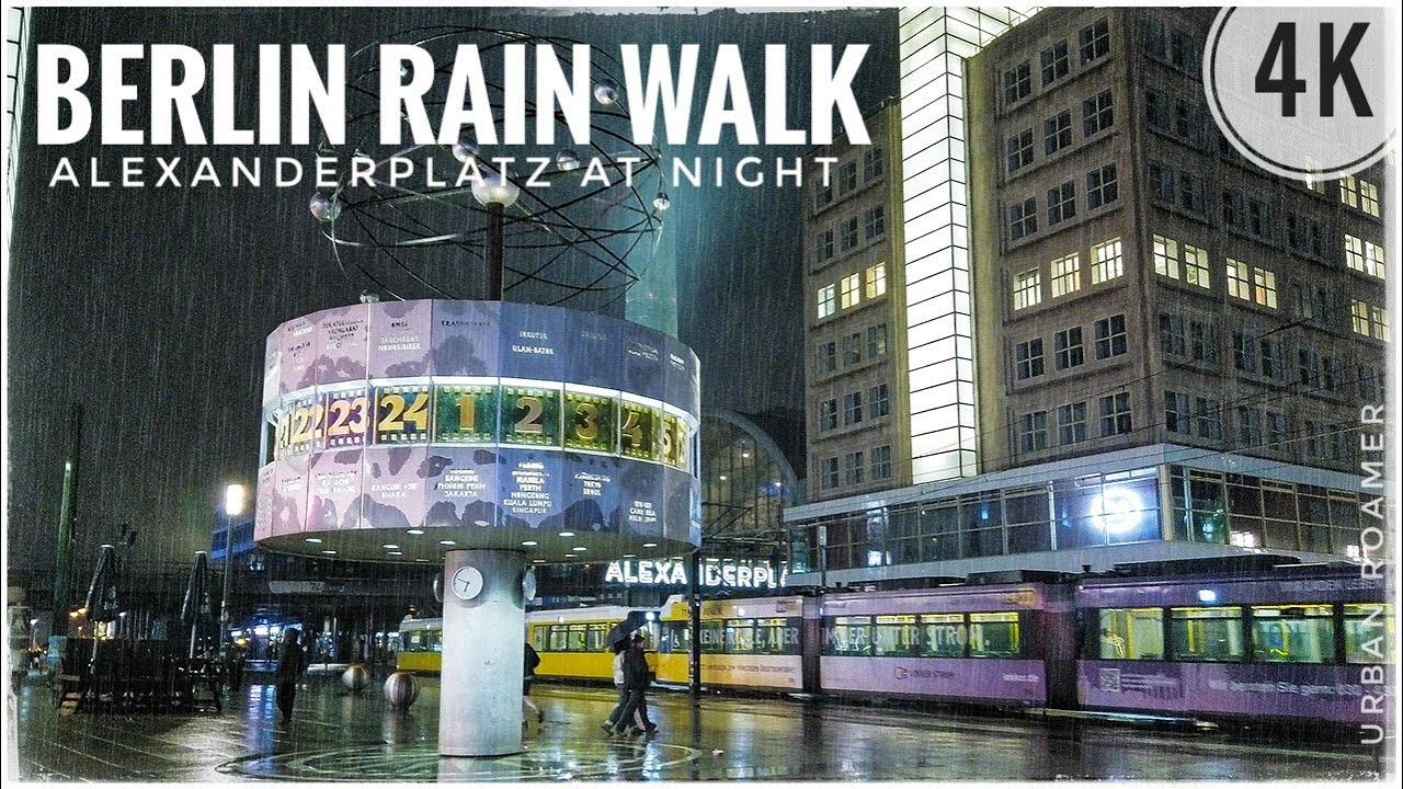 Rain Walking Tour around Alexanderplatz in Berlin at Night | 4K