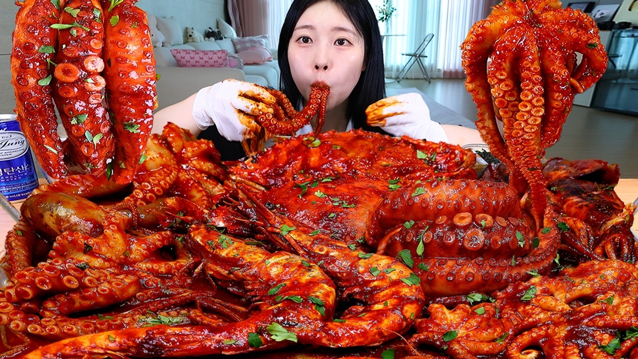 ASMR MUKBANG | Острый морской боил (краб, тигровые креветки, осьминог, кальмар, мини-осьминог)