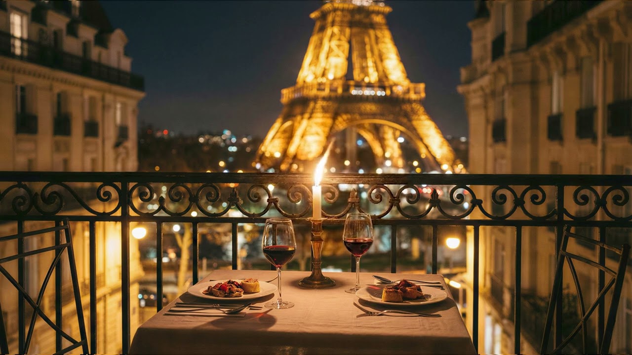 Romantic Paris Night Ambience | Balcony Dinner with Eiffel Tower View | 4K 5 Hours