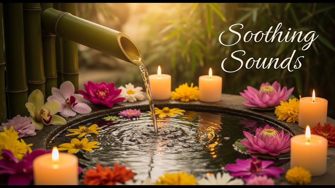 Soothing Zen Flowing Water Bamboo Fountain and Candle Glow for Relaxation Healing and Deep Sleep