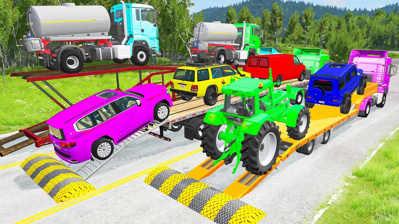 Triple Flatbed Trailer McQueen Transportation with Truck - Speedbumps vs Cars vs Train - BeamNG #9