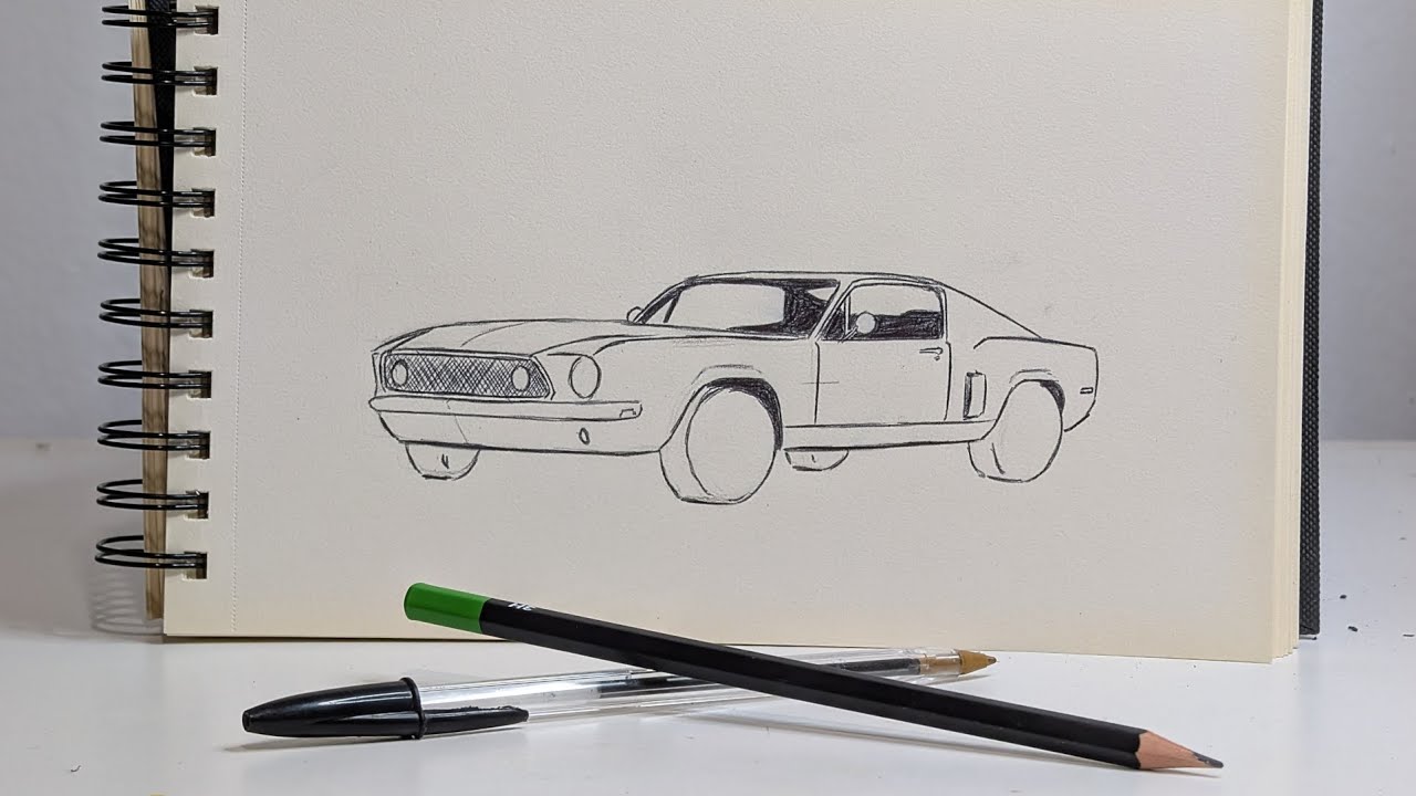 Aprende a dibujar un coche (FORD MUSTANG) en perspectiva, Técnica: BOLÍGRAFO, nivel: INTERMEDIO