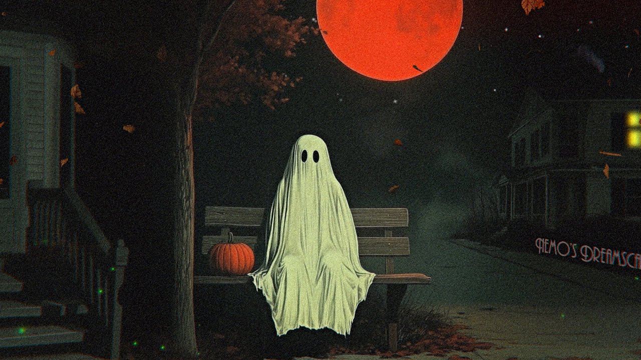 Vintage Halloween night with obscure oldies music from 1940s (vinyl crackle & night ambience)
