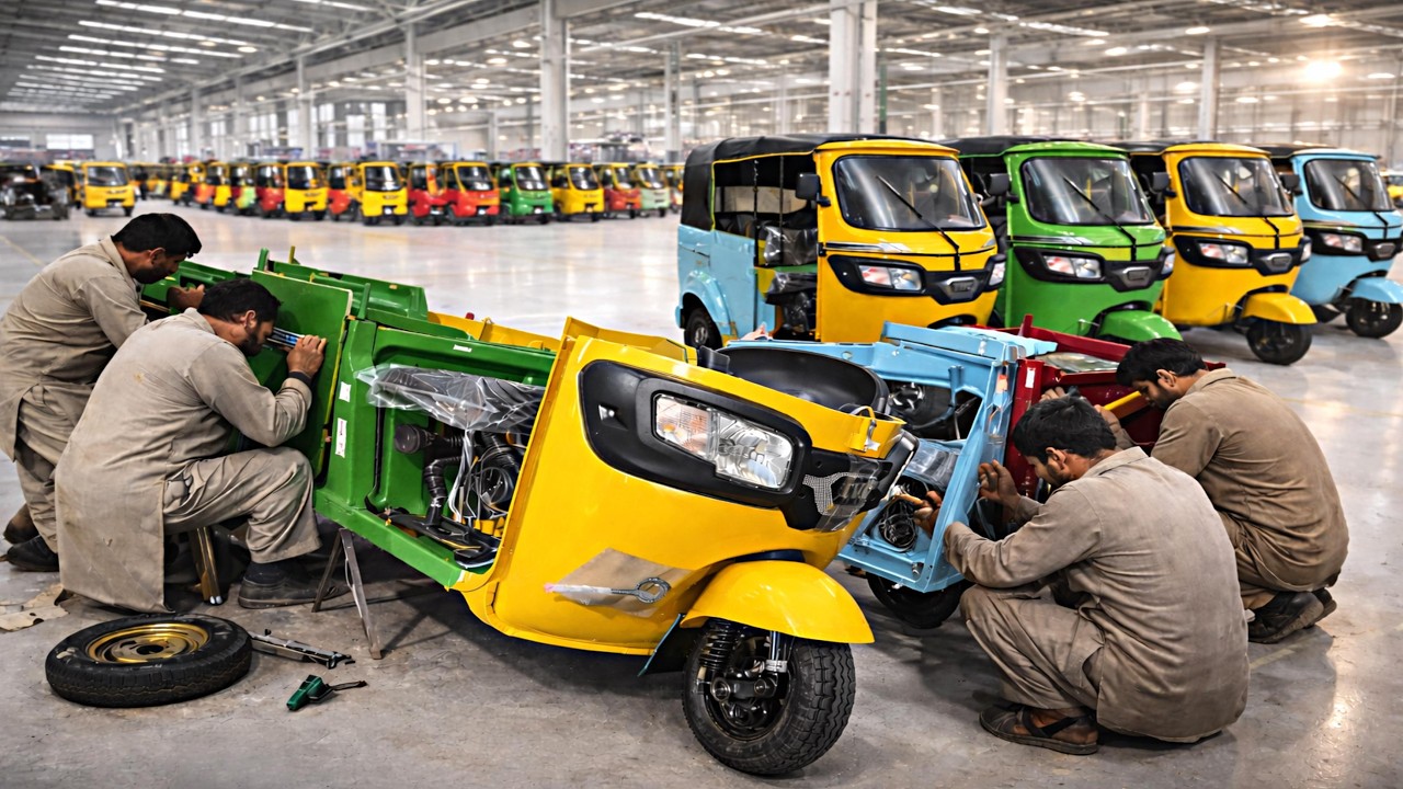 Mass Production and Complete Assembling Process of TVS Three Wheels Rickshaws in Local Workshop