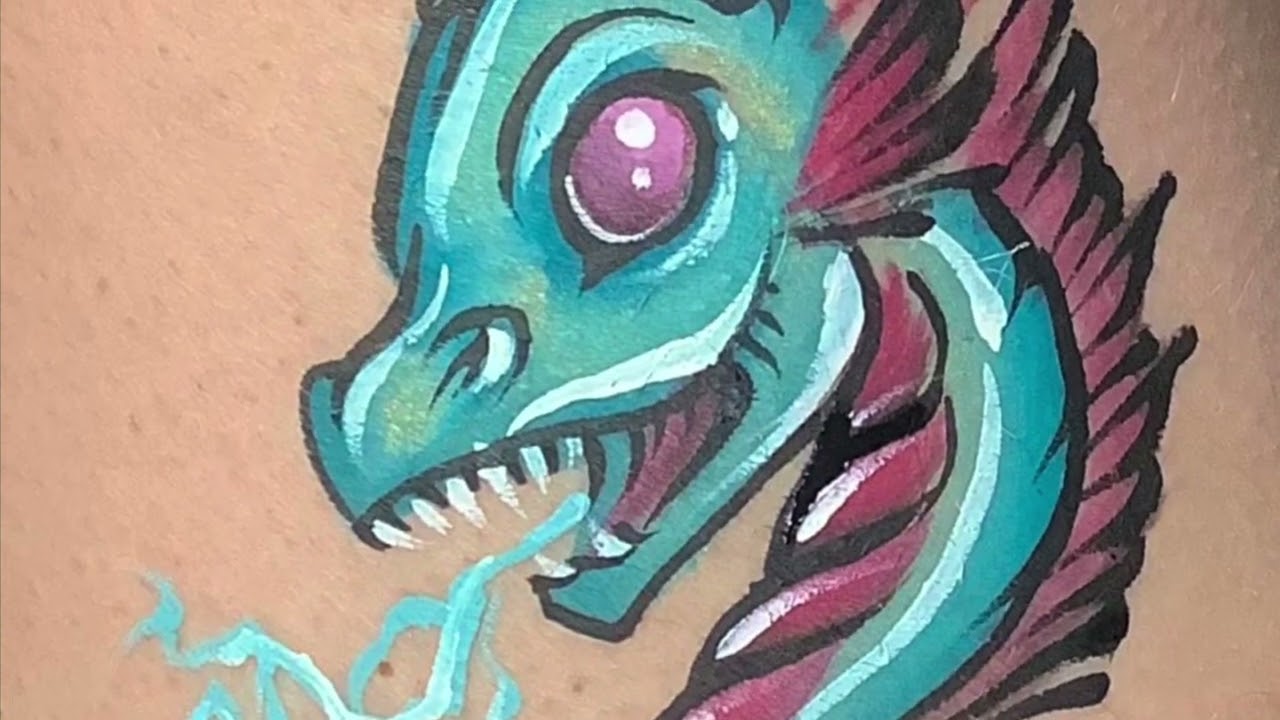 Face painting Teal and pink onestroke dragon