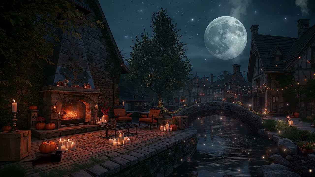 Cozy Village Night Ambience 🌙 Relaxing Music, Fireplace, & Calm River Sounds for Sleep & Study
