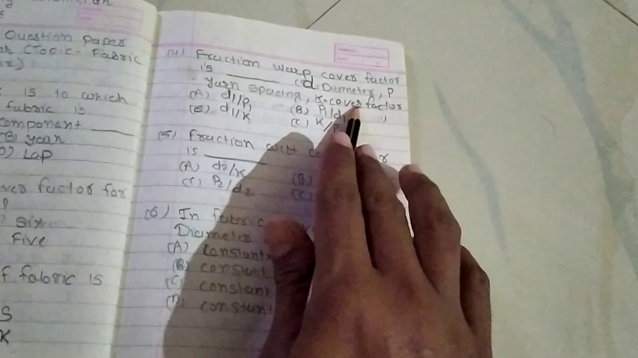 Weaving Technician topic-26 (Objective Questions paper with answer) fabric cover factor