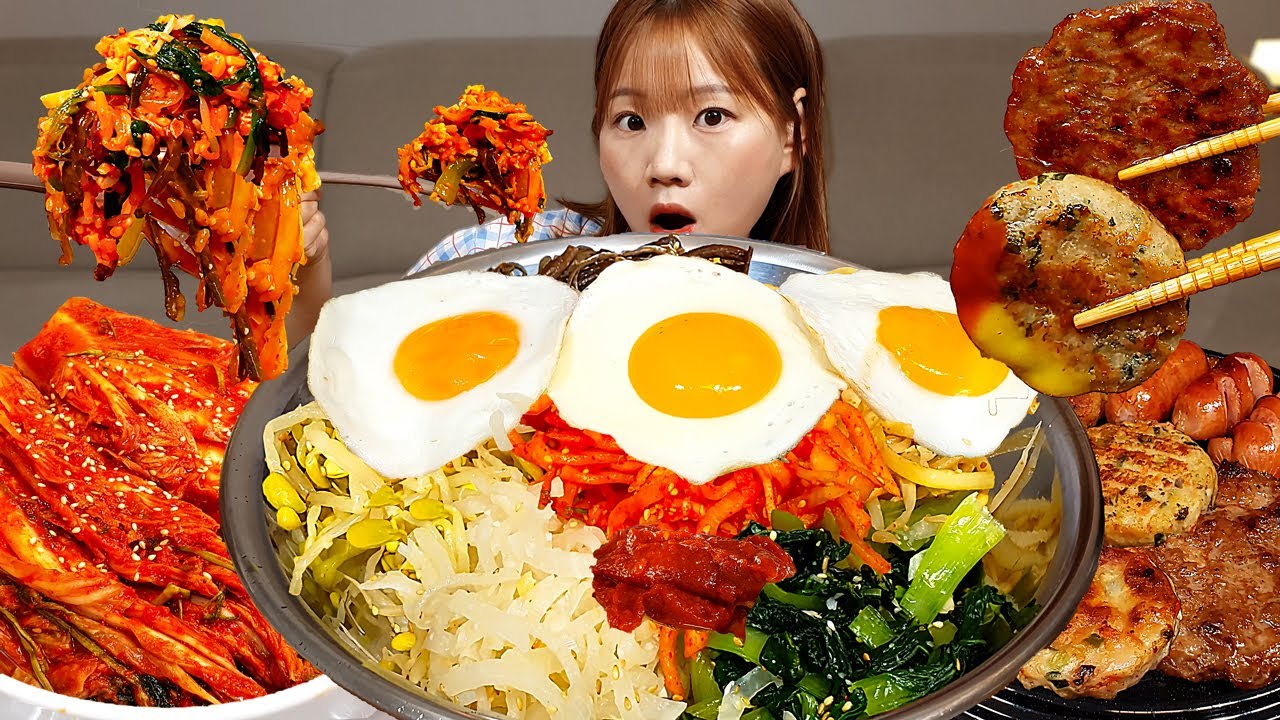 Sub)Real Mukbang- Пибимпап (8 гарниров) 🍳 Острый мягкий тофу 🔥 Лапша 🍜 КОРЕЙСКАЯ КУХНЯ ASMR