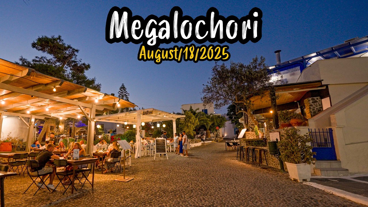 Megalochori Santorini, night walk 4K, local music & vibes, Greece travel guide 2025