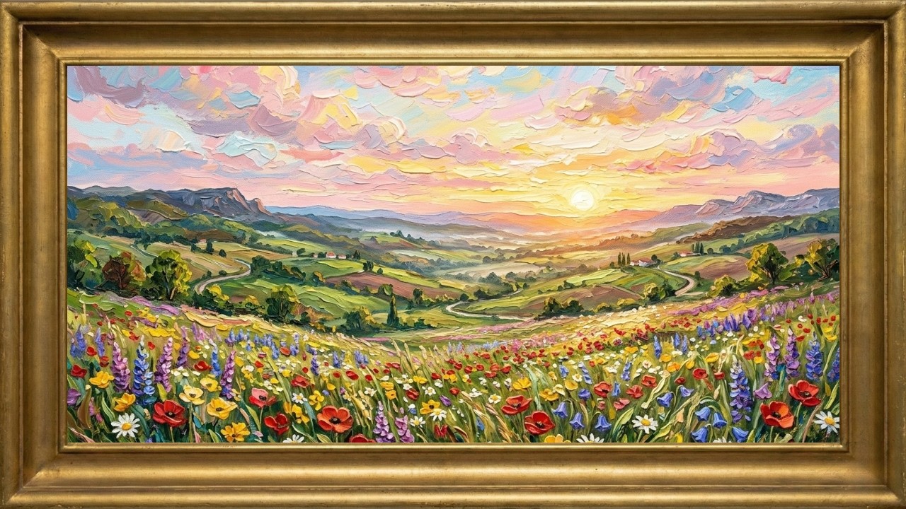 Spring Meadow Sunset Painting | Samsung Frame TV Art Loop | 8 Hours No Audio 4K