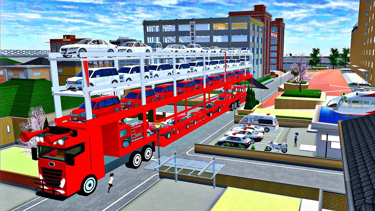 POLICE KOBAN STATION - OVERSIZED CARS TRANSPORT WITH FOUR LEVEL TRAILER RED & WHITE TRUCK - Sakura