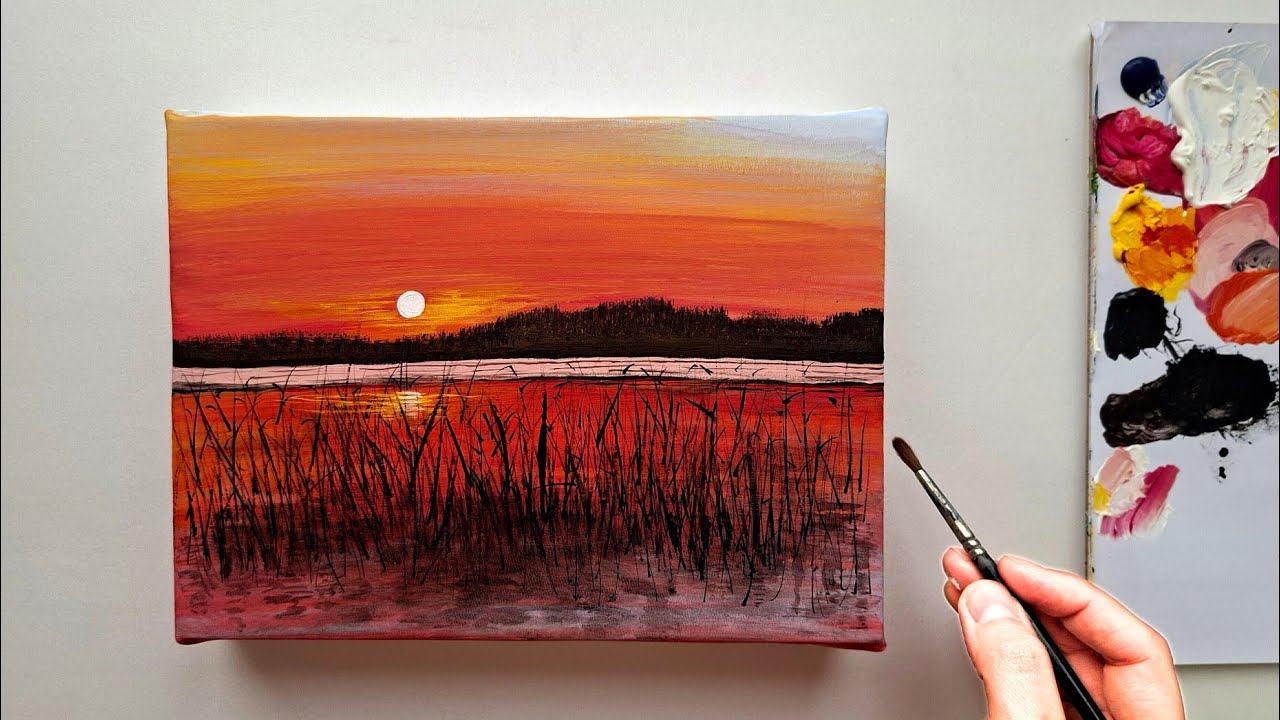 Easy sunset lake landscape painting| step by step for beginners 