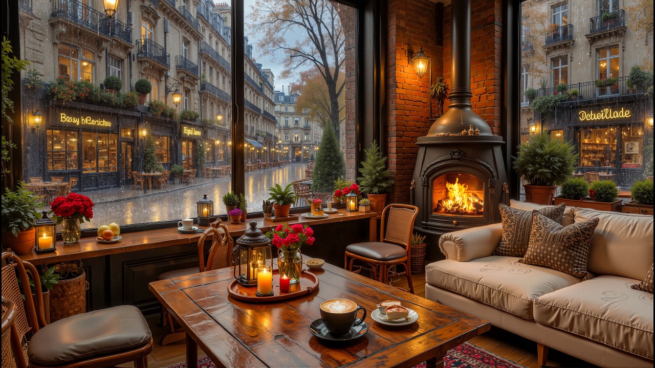 Rainy Paris Cafe Jazz ☕ Fireplace Ambience & Smooth Jazz Music for Study, Work & Relaxation