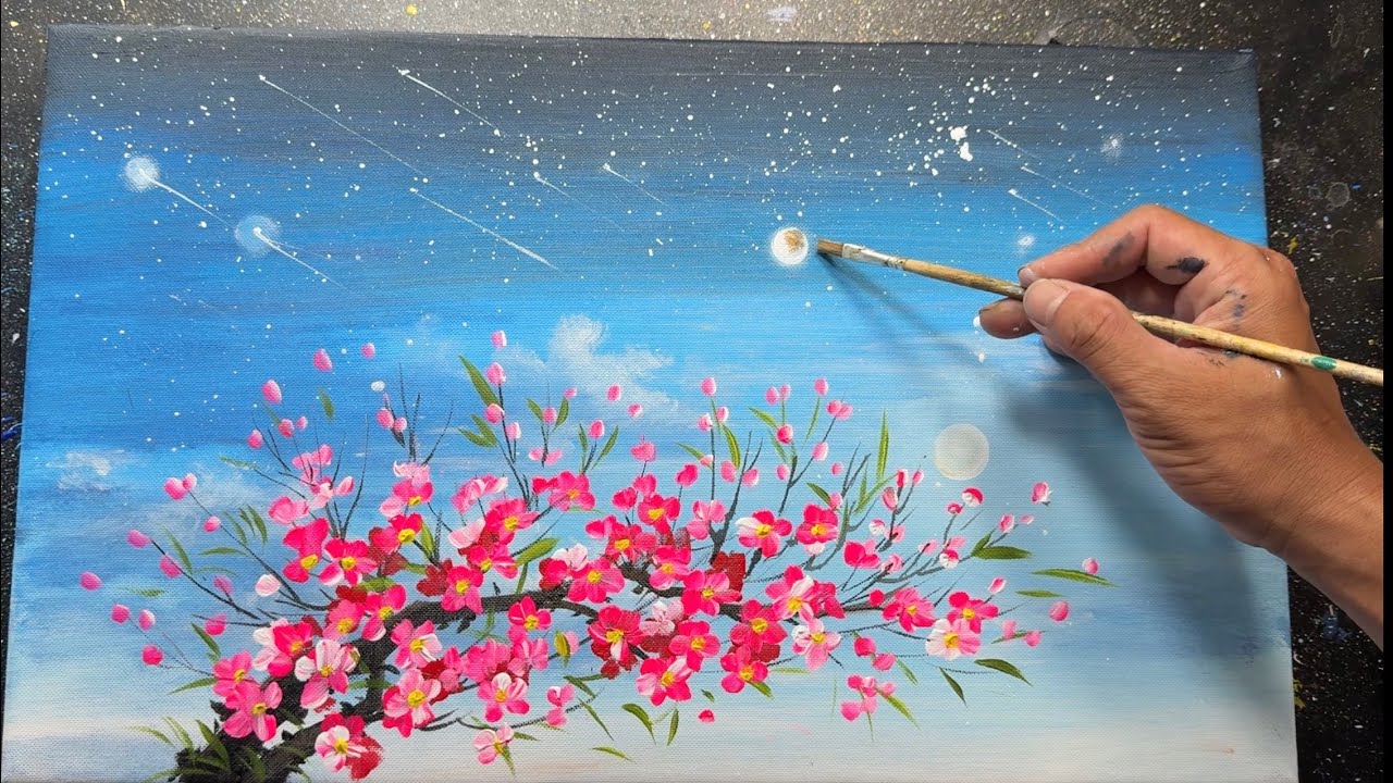 Blend Sky from Day to Night 🌅🌌 Easy Cherry Blossom & Stars Acrylic Painting