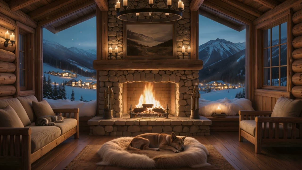 Fireside Mountain Lodge 🔥 Cozy Winter Cabin Ambience with Fireplace & Snowy Village (1 Hour) 4K