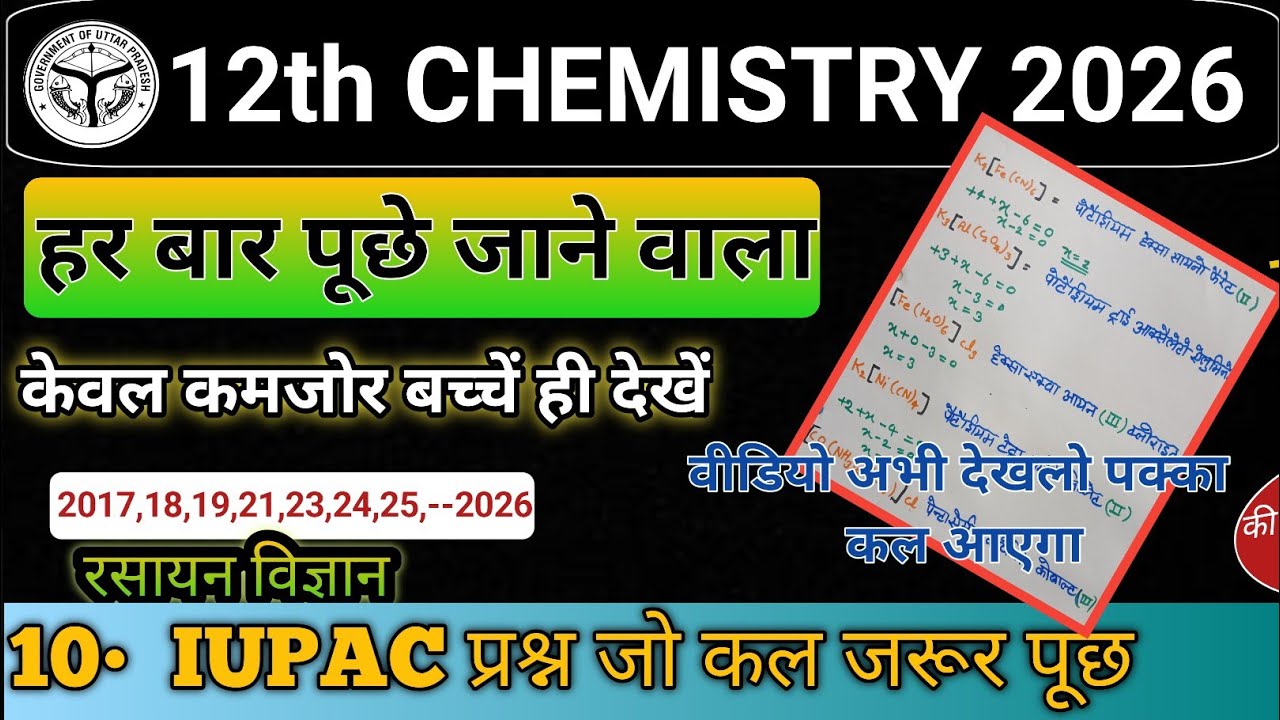 उपसहसंयोजक यौगिक IUPAC name class 12th chemistry / most important topic / up board exam 2026 /