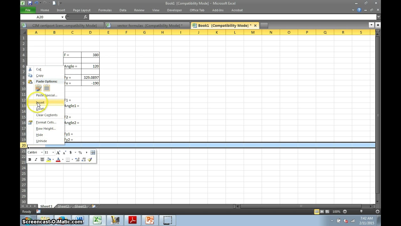 finding x and y components of a force vector using spreadsheet