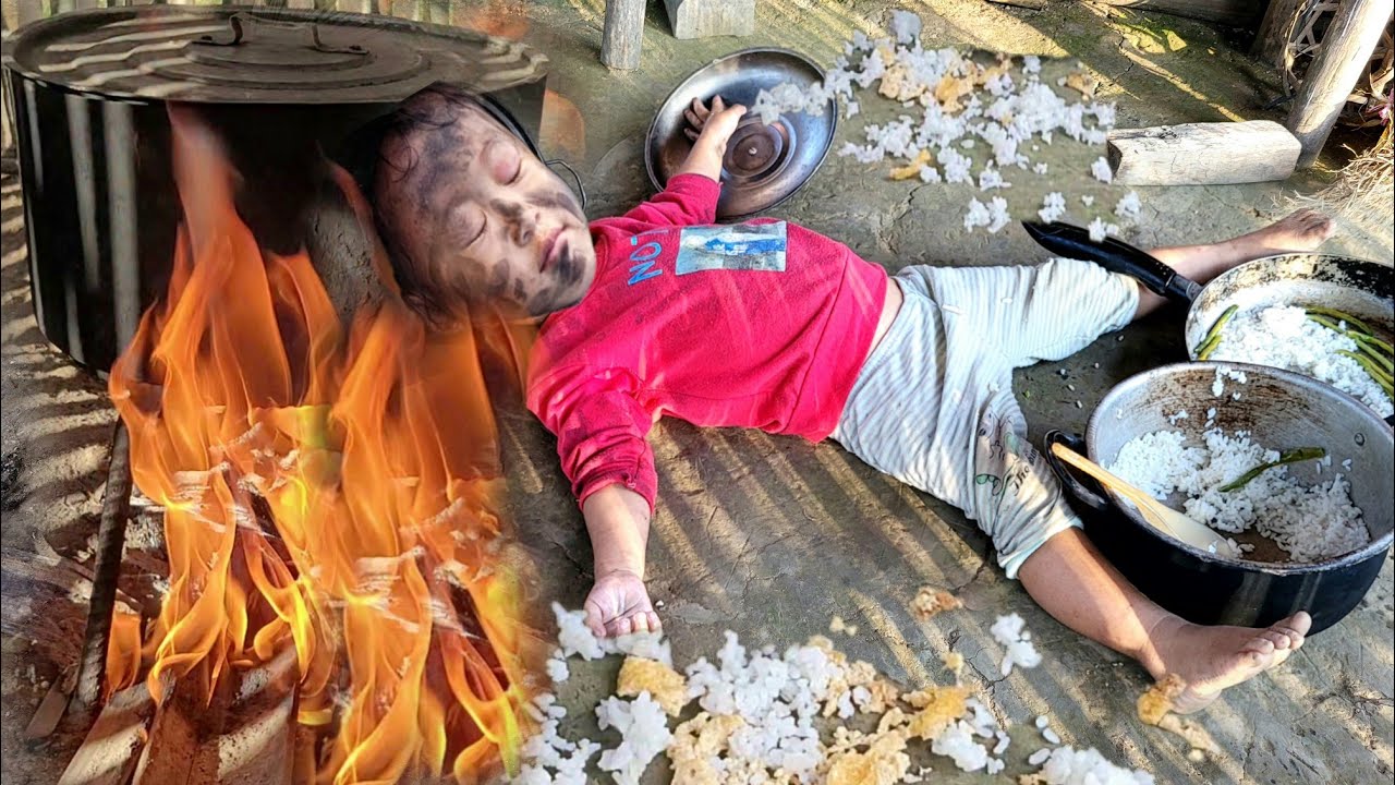 Baby Ngan cooks and takes care of her sick mother in bed.