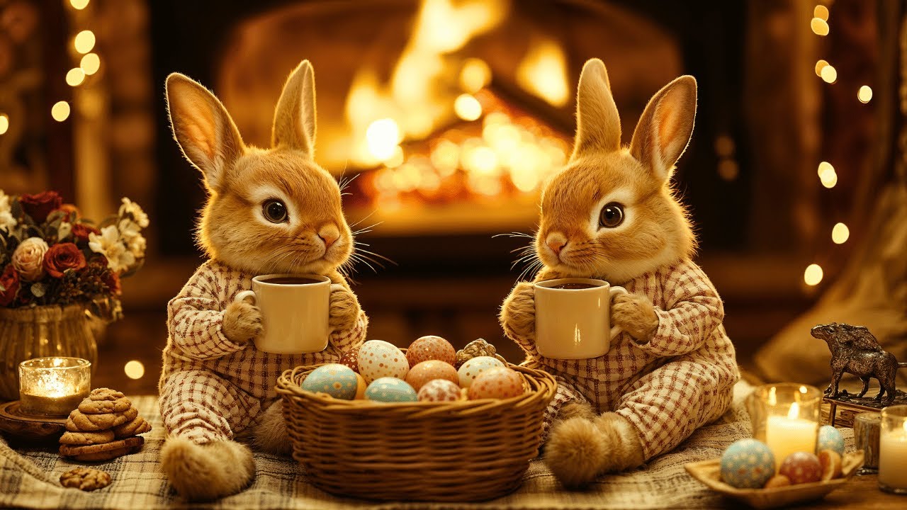 Happy Easter 🌸🐰 Coffee Jazz – Cozy Jazz Music with Fireplace, Cute Bunnies & Spring Café Ambience