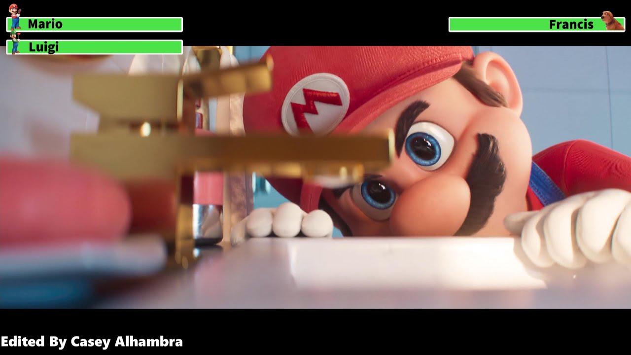 The Super Mario Bros. Movie (2023) Bathroom Repair Scene with healthbars