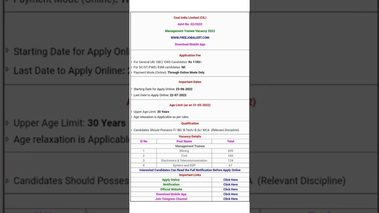 CIL NEW VACANCY 2022 / COIL INDIA LIMITED NEW RECRUITMENT 2022 / Government Jobs Sarkari Naukri