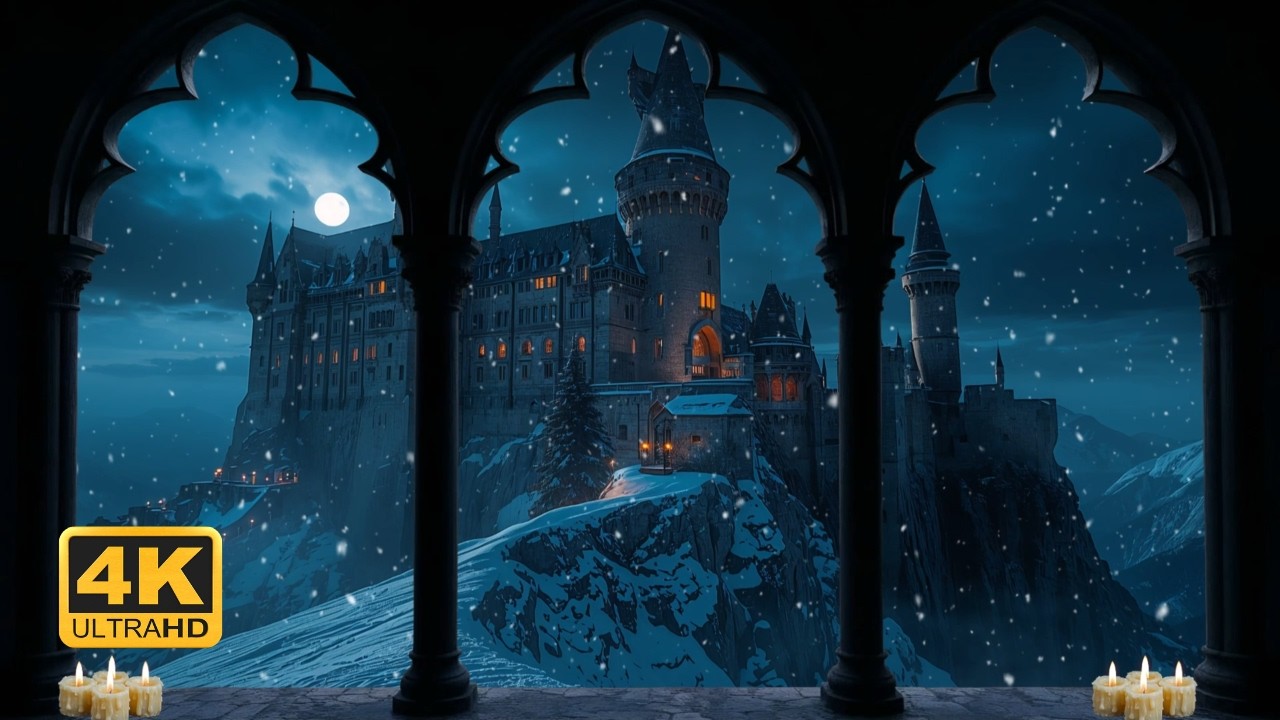 🌨️ Night Castle on the Peak – Snowfall Window Ambience 4K For Study & Relaxation