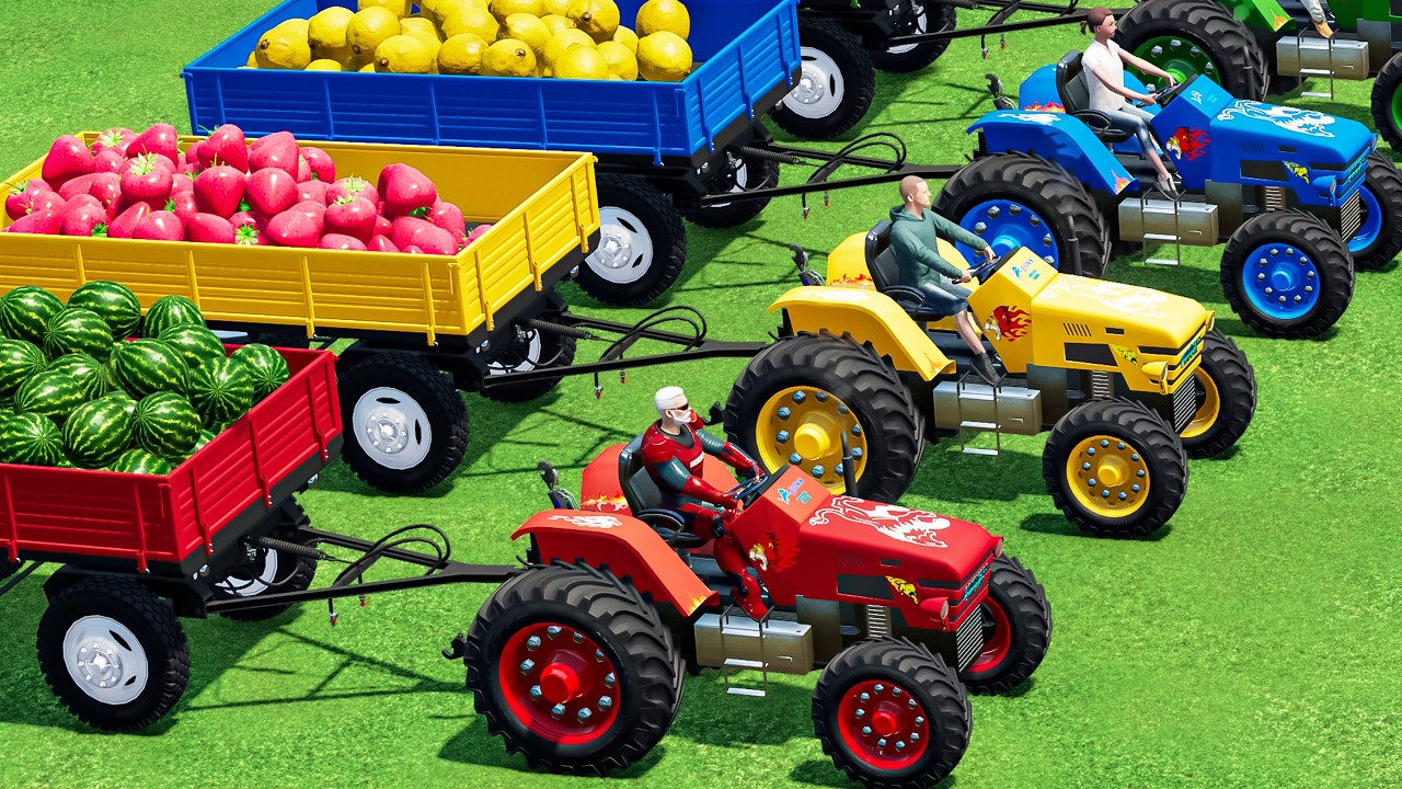 LOAD & TRANSPORT Mini TRACTORS & FRUITs with FLATBED TRAILER & TESLA LOADER!!