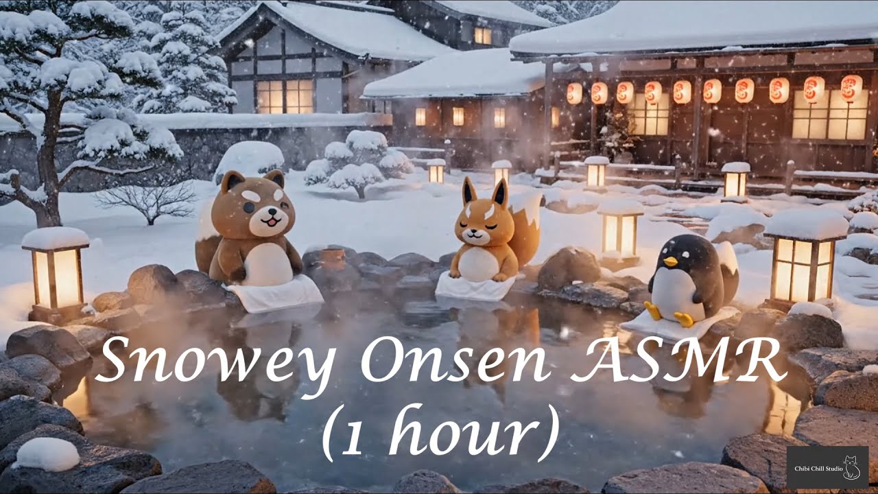 Snowy Japanese Onsen ASMR (1 Hour) ♨️❄️ Calm Music, Hot Spring Ambience & Winter Relaxation