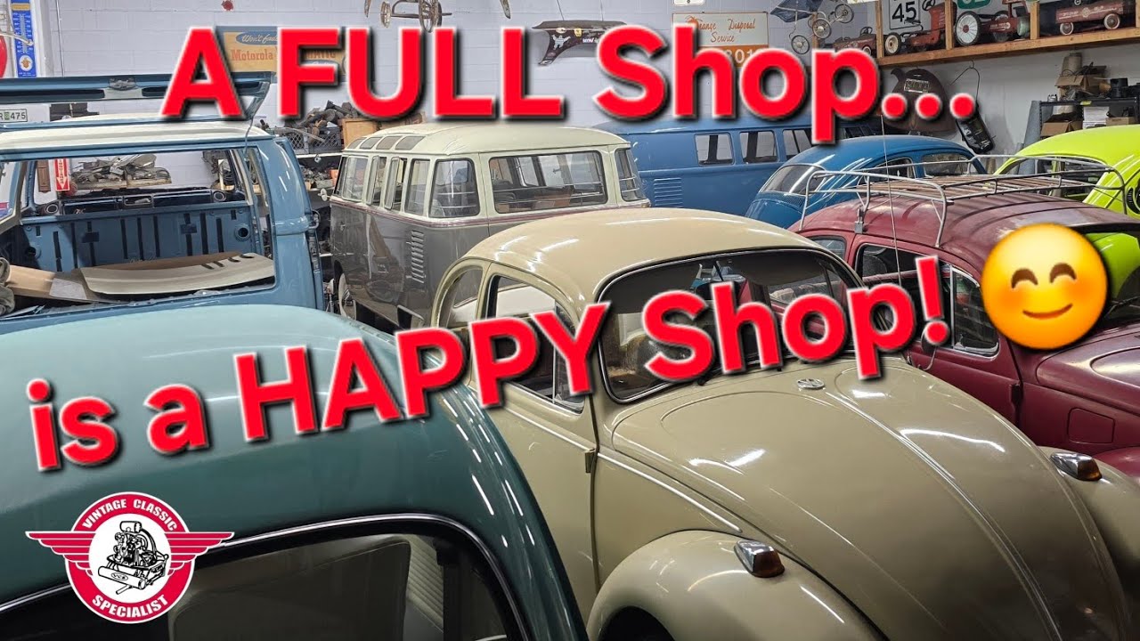 VCS Vintage VW Restoration shop daily update, Episode 592, 4 Bugs, a Ghia, and a Bus, all in one day